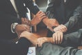 Group of diverse hands holding each other support together teamwork aerial view Royalty Free Stock Photo