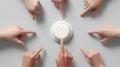 Multiple hands pointing at a white button, conceptualizing decision making, created as an AI-generated image Royalty Free Stock Photo