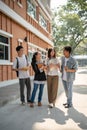 Group of diverse happy Asian college students are enjoying talking after classes on a footpath Royalty Free Stock Photo