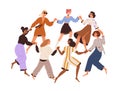 Group of diverse happy women dancing in circle, holding hands together. Concept of feminist community, sisterhood and