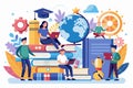 A group of diverse individuals are focused on reading, studying, and using laptops surrounded by books and a globe, Education is Royalty Free Stock Photo