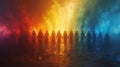 A group of diverse individuals holding hands in a circle with their auras blending together in a beautiful display of Royalty Free Stock Photo