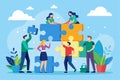 A group of diverse individuals joyfully working together to complete a large puzzle outdoors under a clear sky Teamwork and Royalty Free Stock Photo