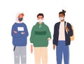 Group of diverse modern teenagers wearing protective masks vector flat illustration. Casual teen guys in respirators