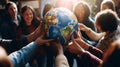Group of diverse people holding a globe in their hands. Global communication concept Royalty Free Stock Photo