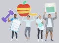 Group of diverse people holding health and fitness icons Royalty Free Stock Photo