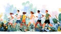 Group of diverse people jogging through floral meadow, dynamic composition, soft lighting Royalty Free Stock Photo