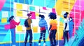 A group of diverse people stand in front of a colorful wall of sticky notes AIG535 Royalty Free Stock Photo