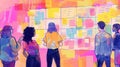 A group of diverse people stand in front of a colorful wall of sticky notes They are looking at the notes and discussing Royalty Free Stock Photo