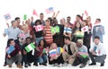 Group of diverse people standing with flags different countries