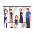 Group of Diverse People Waiting for Bus at Bus Stop, Passengers Spending Time in Expectation Cartoon Vector Illustration Royalty Free Stock Photo