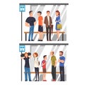 Group of Diverse People Waiting for Public Transport at Bus Stop Set, Passengers Spending Time in Expectation Cartoon Royalty Free Stock Photo