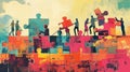 A group of diverse people work together to solve a puzzle The image is colorful and inspiring, and it represents the Royalty Free Stock Photo