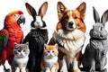 Group of Diverse Pet Animals Ranging from Fluffy Dogs and Sleek Cats to a Vibrant Parrot and a Lazy Bunny