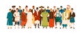 Group of diverse smiling man wearing in folk costumes of various countries vector flat illustration. Happy multinational