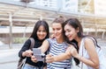 Group of diverse woman traveler is making her selfie at shopping mall,Beautiful women walking on the streets,Happy and smiling Royalty Free Stock Photo