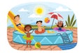 Group of diverse young kids playing in a pool