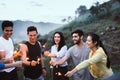 Group of diversity friends cheerful with sparklers and enjoying together at outdoor,Happy and smiling Royalty Free Stock Photo