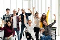 Group of Diversity People Team smiling and cheerful in success work at modern office. Creative Multiethnic teamwork feeling happy, Royalty Free Stock Photo