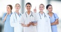 Group of doctors against blurry grey window Royalty Free Stock Photo