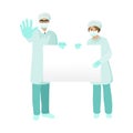 Group of doctors presenting empty banner. Doctor and nurse in protection suit and mask with stop sign. Vector