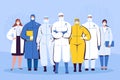 A group of doctors in protective suits, glasses and medical masks are standing next to each other. The concept of the struggle of