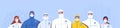 Group of doctors in protective suits, glasses and medical masks are standing next to each other. The concept of the