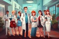 A group of doctors standing in a hallway, discussing patient care and collaborating on medical cases, Group of a medical team at Royalty Free Stock Photo
