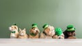 Group of dogs and cats in green st. patrick hats on white background. banner.
