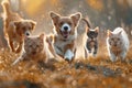 a group of dogs and cats joyfully jumping and running in a field with a blurred background. Royalty Free Stock Photo