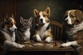 Group of dogs and cats sitting at table playing cards. Generative AI Royalty Free Stock Photo