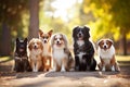 Group of dogs different breed sitting outdoor. Generative AI