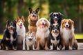 Group of dogs different breed sitting outdoor. Generative AI Royalty Free Stock Photo