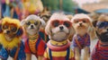 a group of dogs, dressed in colorful outfits and sunglasses, celebrating Christmas in a festive and cheerful manner