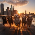 Group of dogs enjoys a sunset stroll in New York City Royalty Free Stock Photo