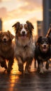 Group of dogs enjoys a sunset stroll in New York City Royalty Free Stock Photo