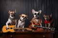 group of dogs like rock stars, posing and showing off their talent