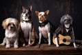 group of dogs like rock stars, posing and showing off their talent