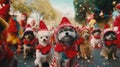 a group of dogs,pet parade adorned in Christmas outfits and accessories, parading down a street festooned with Christmas