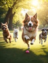 Group of dogs running in the park having fun.generative AI Royalty Free Stock Photo