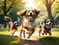 Group of dogs running in the park having fun.generative AI Royalty Free Stock Photo