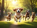 Group of dogs running in the park having fun.generative AI Royalty Free Stock Photo