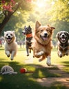 Group of dogs running in the park having fun.generative AI Royalty Free Stock Photo