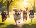 Group of dogs running in the park having fun.generative AI Royalty Free Stock Photo