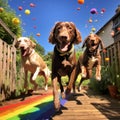 a group of dogs running on a wooden walkway