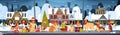 Group Of Dogs In Santa Hats Outdoors Near Decorated Houses Marry Christmas And Happy New Year Horizontal Poster