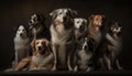 a group of dogs sitting next to each other on a black background Royalty Free Stock Photo