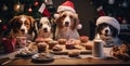 A group of dogs sitting at a table with cupcakes and muffins. Generative AI image. Royalty Free Stock Photo