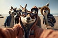 Group of dogs taking a selfie on the beach at autumn day