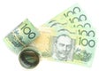 Group of 100 dollar Australian focus at roll notes and blur expand notes on white background Royalty Free Stock Photo